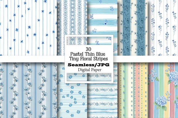 Pastel Thin Blue Tiny Floral Stripes Design Essentials