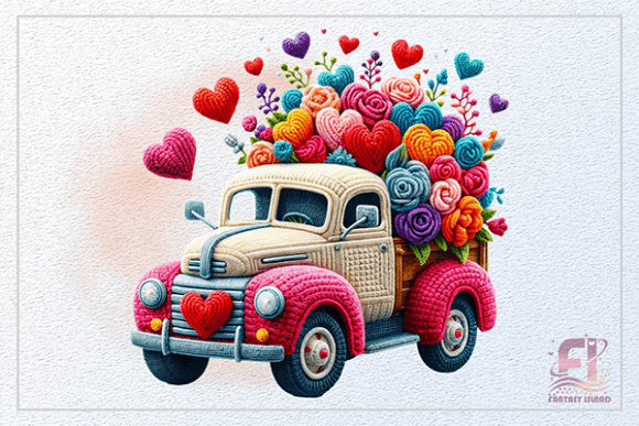 Red Valentine Truck Hearts PNG Crochet
