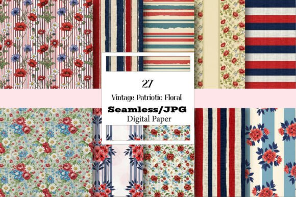 Vintage Patriotic Floral Digital Pattern